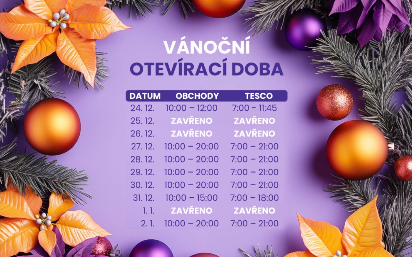 Otevírací doba - prosinec