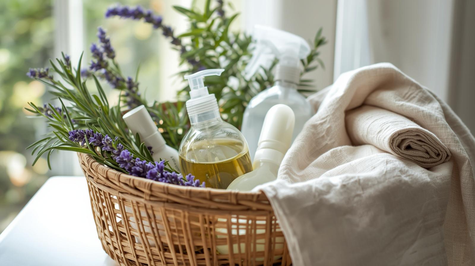 Ekologické čisticí přípravky v bambusovém koši