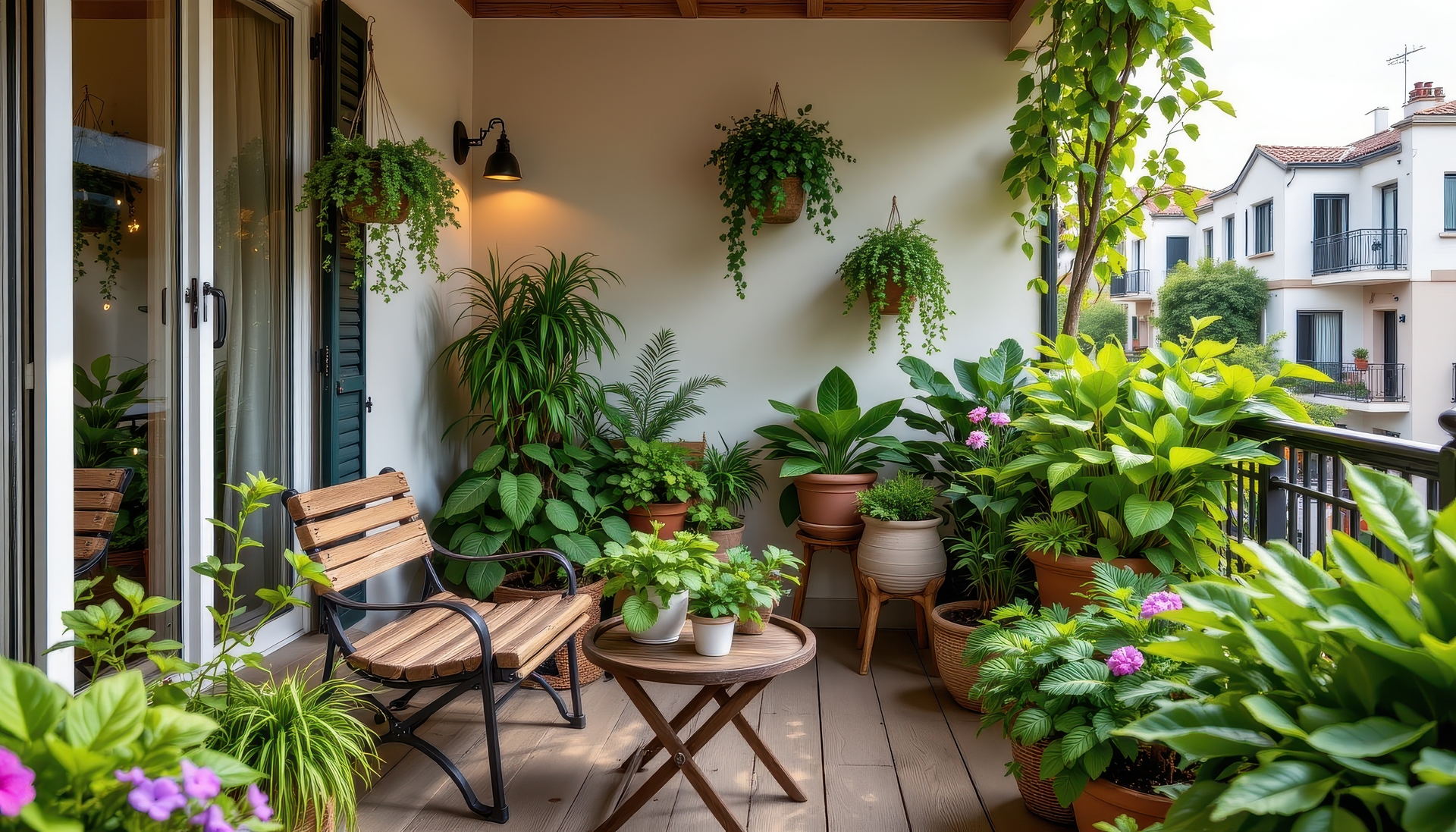 Balkón plný zelených rostlin a květin